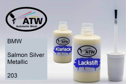 BMW, Salmon Silver Metallic, 203: 20ml Lackstift + 20ml Klarlack - Set, von ATW Autoteile West.